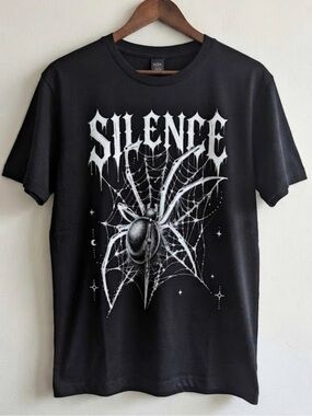Gildan Black Tee with White 'Silence' Spider Web Graphic | Unisex Shirt